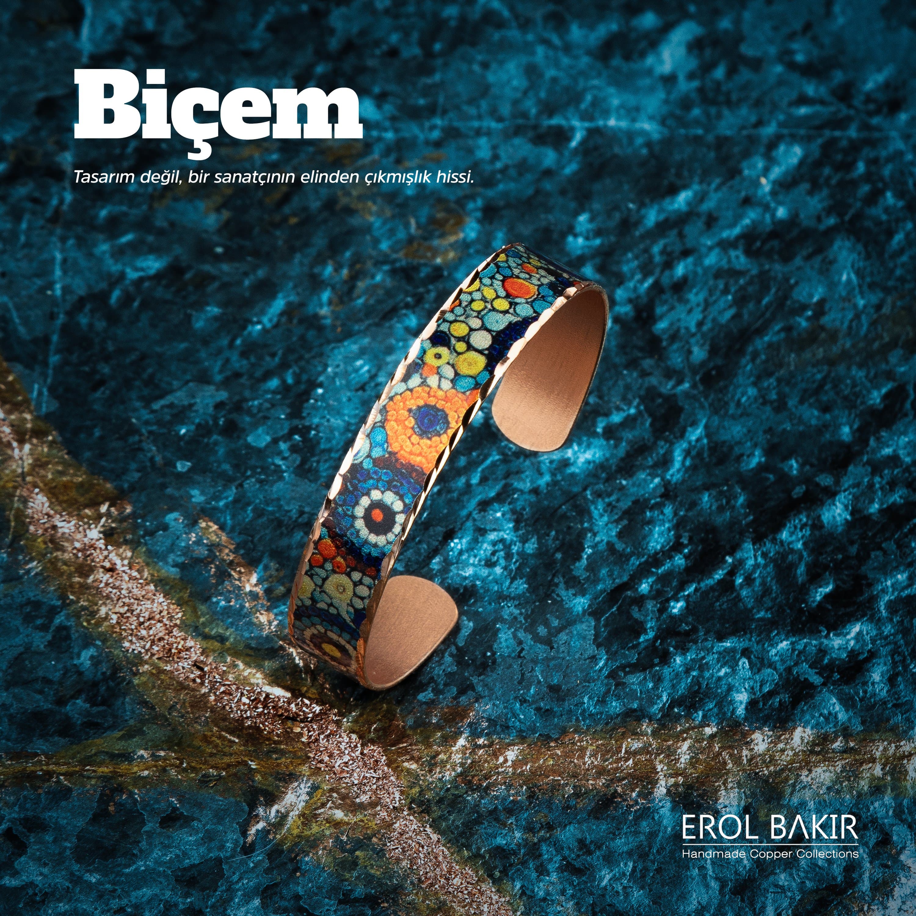 Klimt Çiçek Desenli El Yapımı Bakır Bileklik