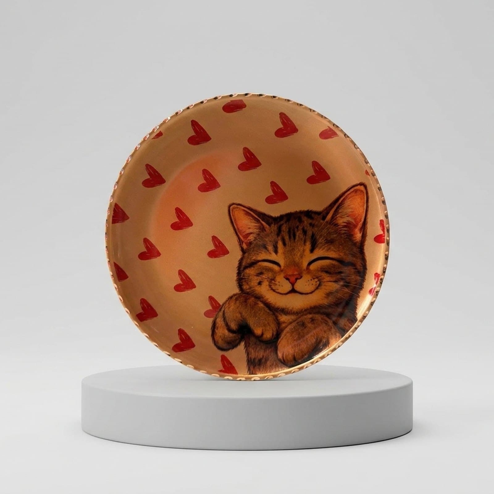 El Yapımı Kedi Temalı Bakır Tabak - 2