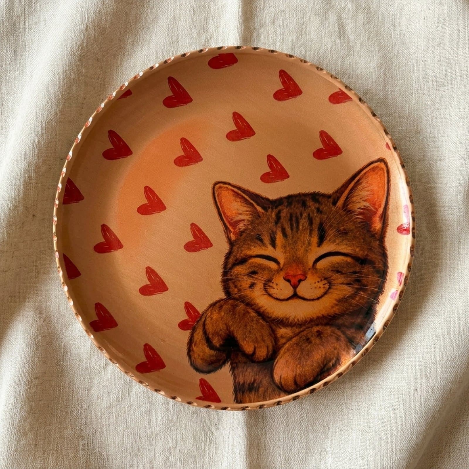 El Yapımı Kedi Temalı Bakır Tabak - 3