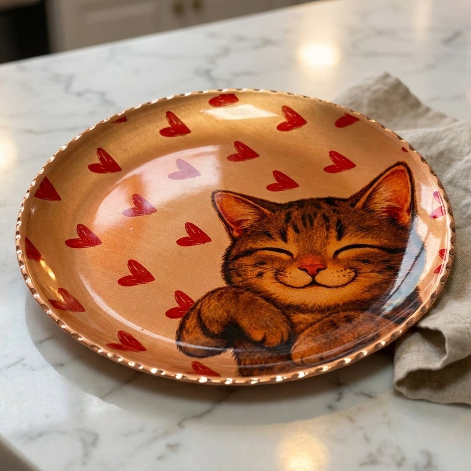 El Yapımı Kedi Temalı Bakır Tabak - 4
