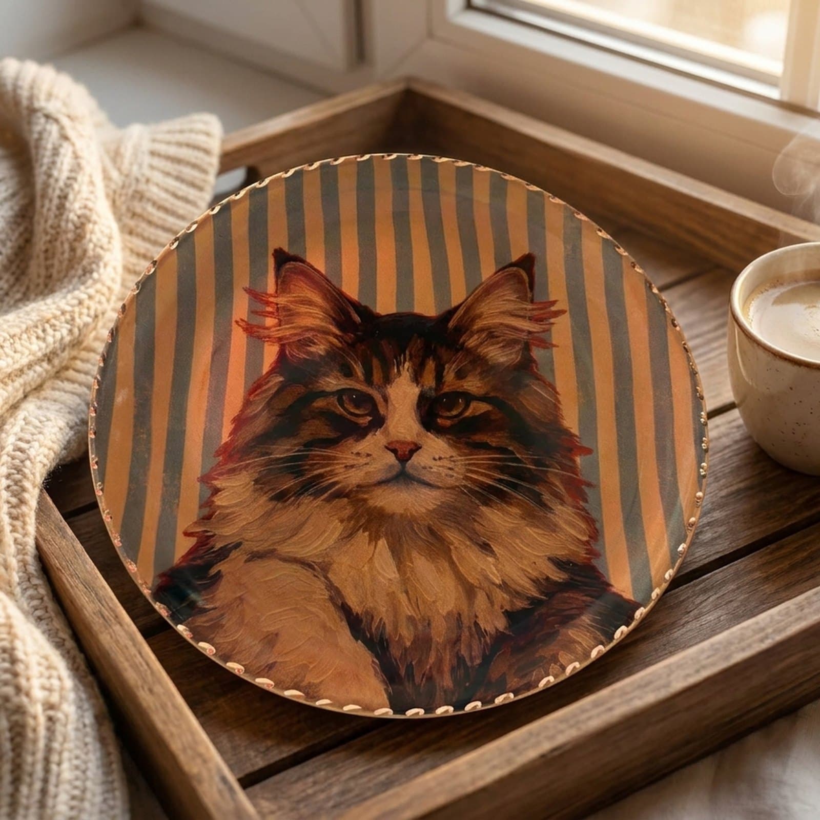 El Yapımı Kedi Temalı Bakır Tabak