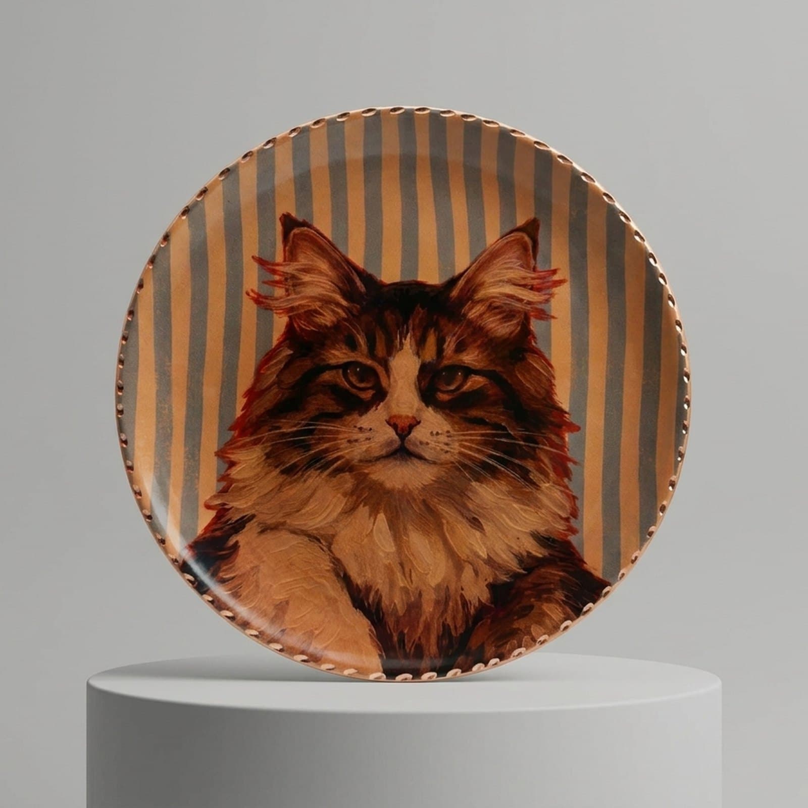 El Yapımı Kedi Temalı Bakır Tabak - 3