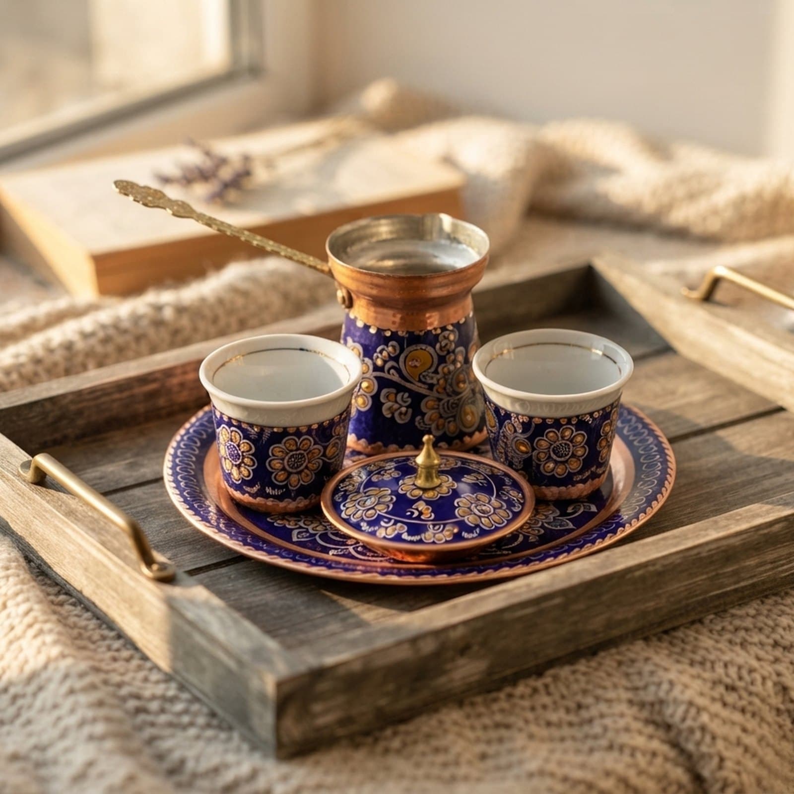 El Yapımı Klasik Mavi Altın Çiçek Bakır Tabak - 2