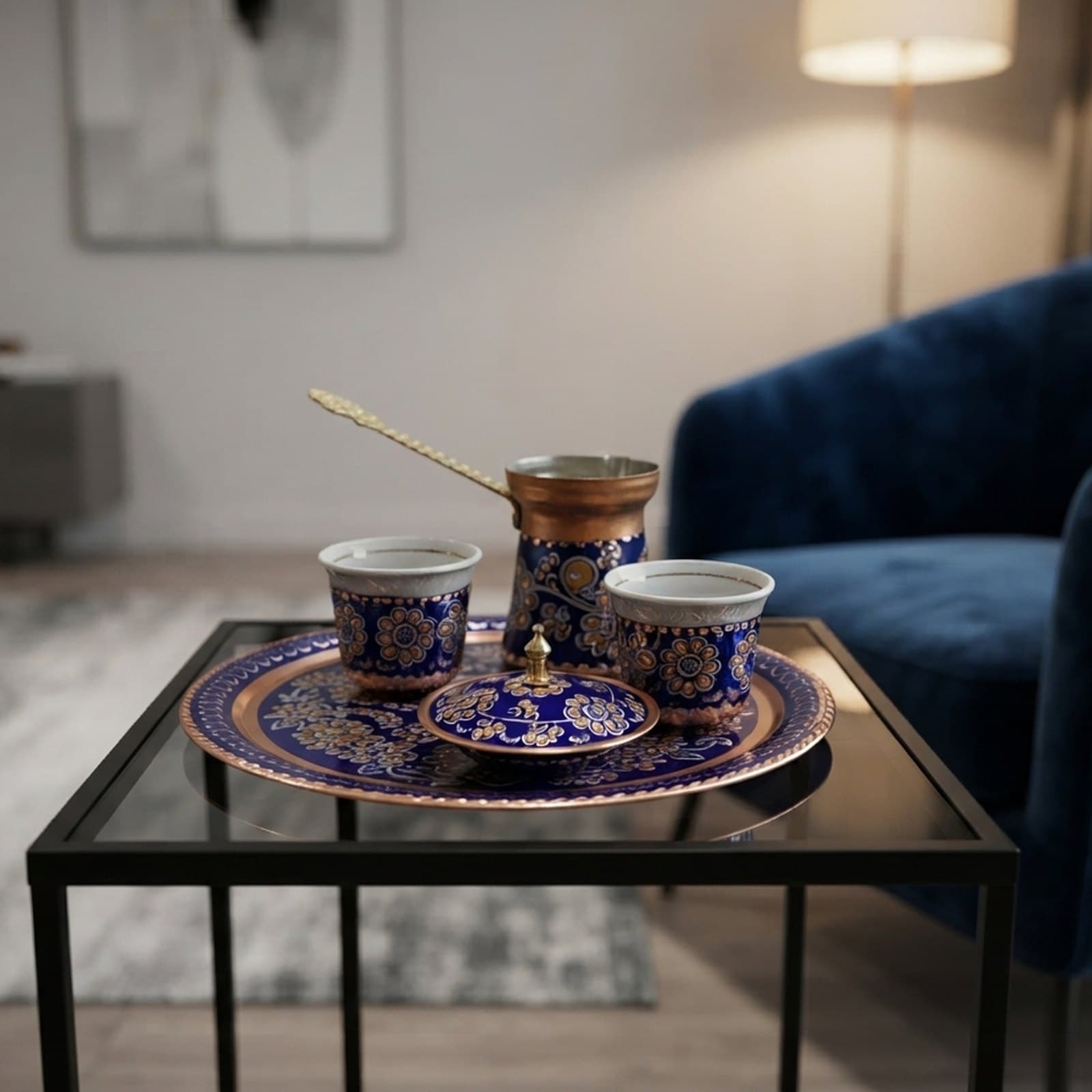 El Yapımı Klasik Mavi Altın Çiçek Bakır Tabak - 4