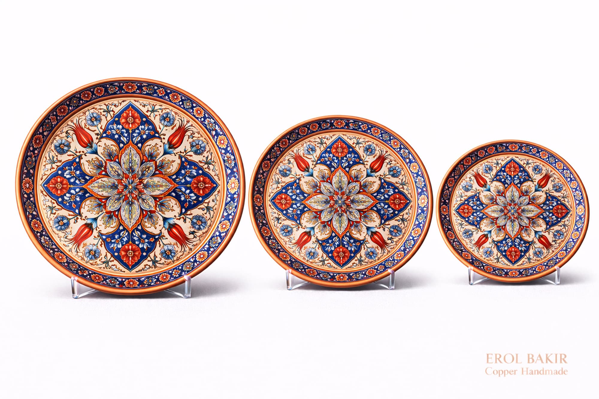 Osmanlı Çiçek Desenli El Dövme Bakır Plak - 3